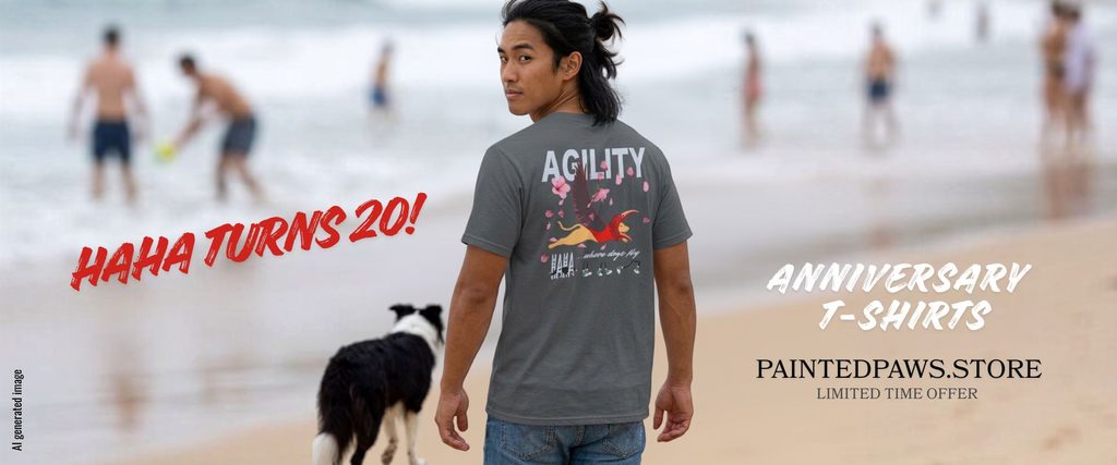 HAHA celebrates 20 years as an agility dog training club in Hawaii. T-shirts available at https://paintedpaws.store/collections/haha/agility